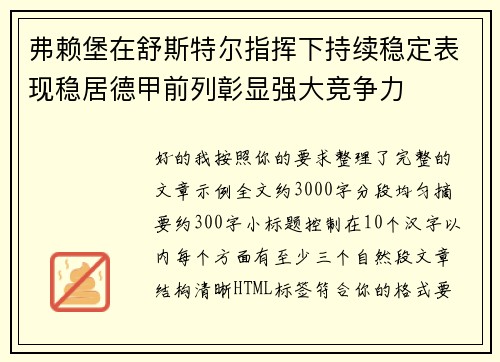 弗赖堡在舒斯特尔指挥下持续稳定表现稳居德甲前列彰显强大竞争力