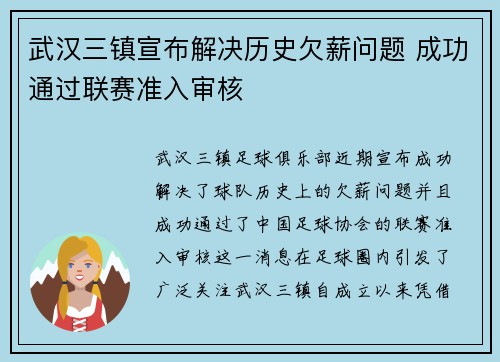 武汉三镇宣布解决历史欠薪问题 成功通过联赛准入审核 武汉三镇宣布解决历史欠薪问题 成功通过联赛准入审核