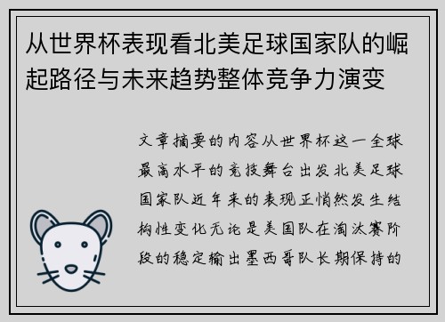 从世界杯表现看北美足球国家队的崛起路径与未来趋势整体竞争力演变
